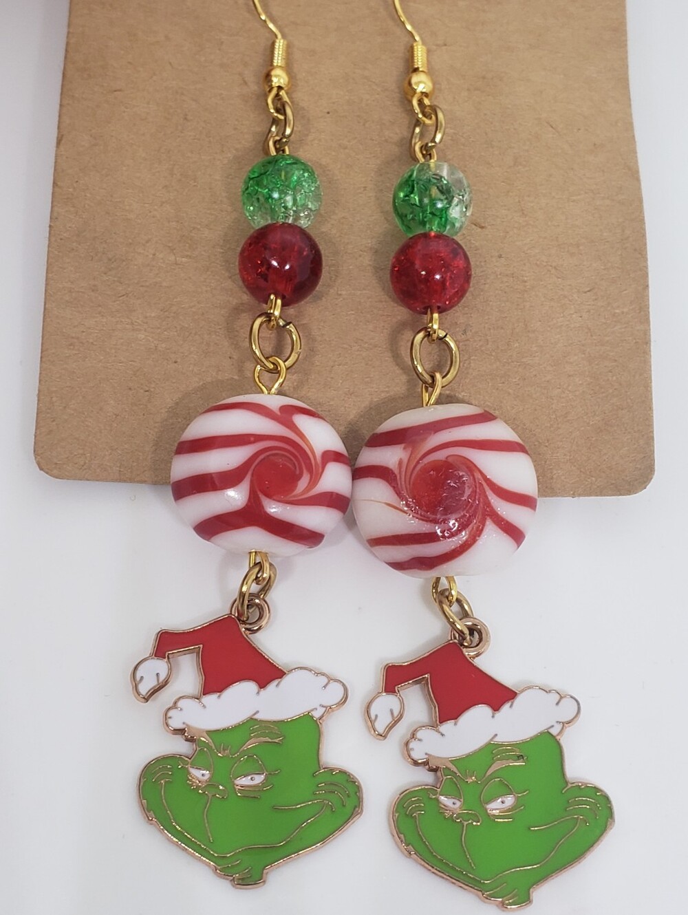 Handmade Beaded Glass Peppermint Christmas Holiday Santa Earrings